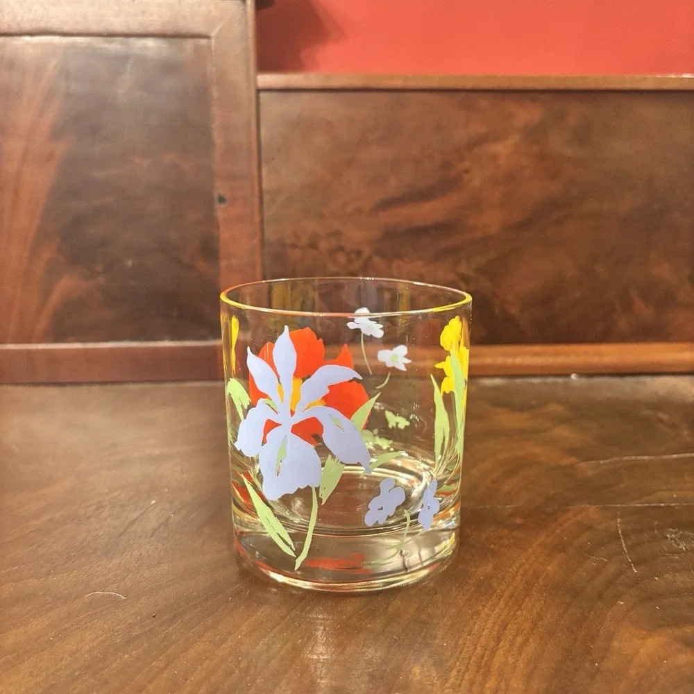 Set of 2 Retro‎ Floral Lowball Tumblers Daffodil Iris Poppy Cocktail Glasses VTG
